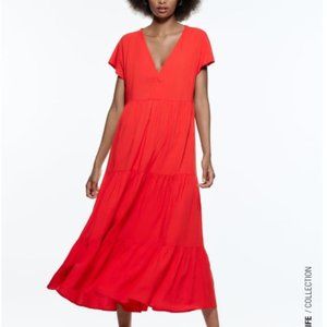 ZARA TIERED MIDI DRESS - RED XS